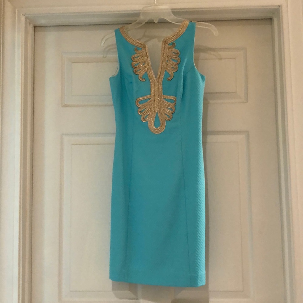 lilly pulitzer shift dress aqua blue gold trim 0